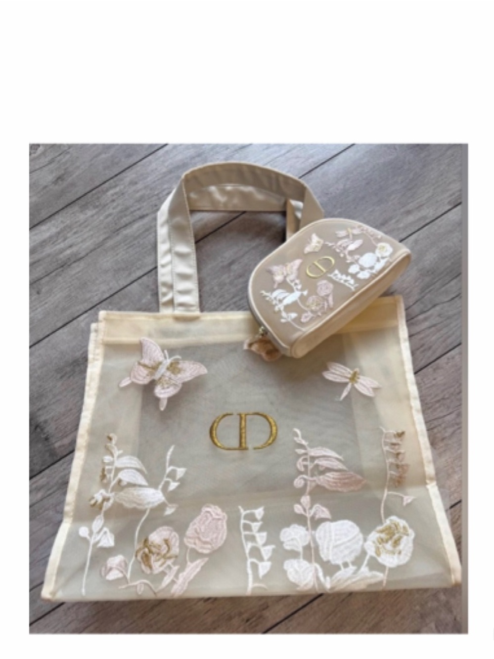NEW Dior Floral Embroidered Tote Bag & Pouch Set Cream & Gold